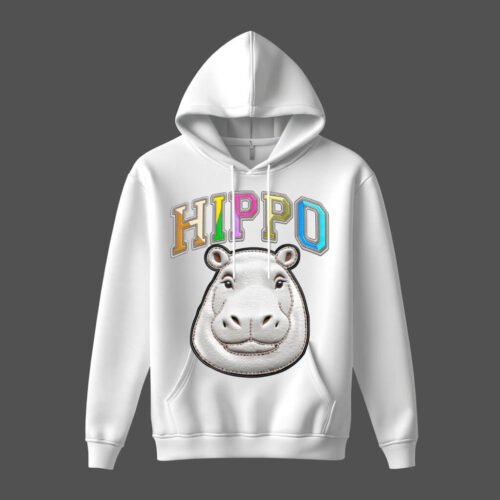 white hoodies hippopotamus DTG / DTF Print On Demand Hoodie Front Hippopotamus