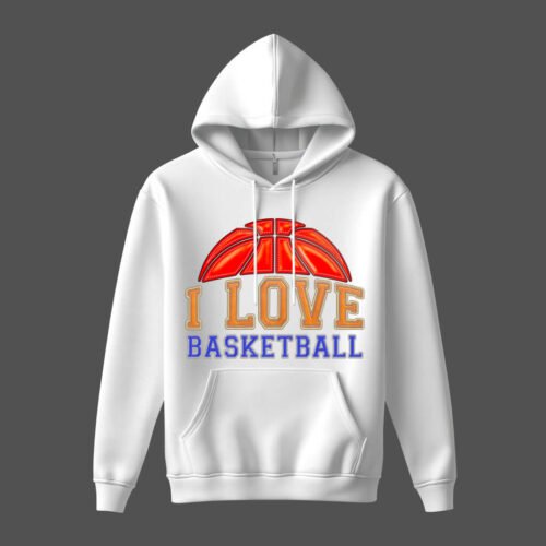 white hoodies i love this game basketball DTG / DTF Print On Demand Hoodie Front I Love Basketball